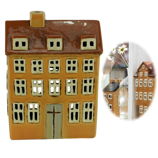 KI-generiertes Bild Teelichthaus Lichterhaus Nyhavn 18cm Braun Keramik Fachwerkhaus Teelichthalter