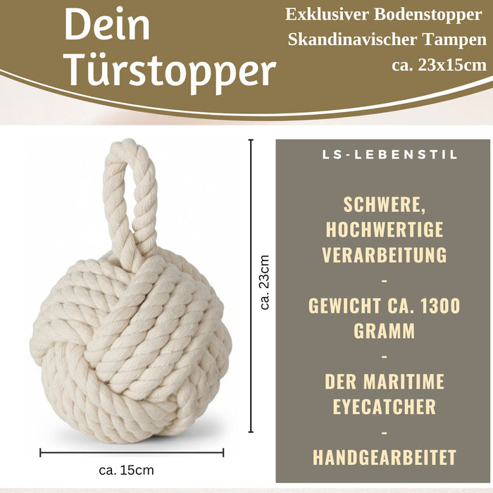 KI-generiertes Bild,Boden Türstopper Malmö 23cm Creme Weiß 1,3kg Jute Knoten Tragegriff Türpuffer Türhalter Türsack