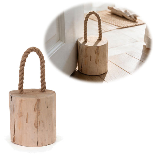 KI-generiertes Bild Boden Türstopper Oslo 15cm FSC Teak Holz 1,5kg Jute Seil Tragegriff Türpuffer Türhalter