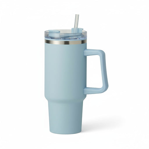 KI-generiertes Bild,XL Edelstahl Trinkbecher Blau 1200ml mit Griff Vakuum Kaffeebecher Coffee to Go