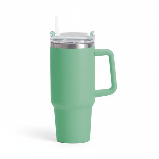 KI-generiertes Bild,XL Edelstahl Trinkbecher Grün 1200ml mit Griff Vakuum Kaffeebecher Coffee to Go