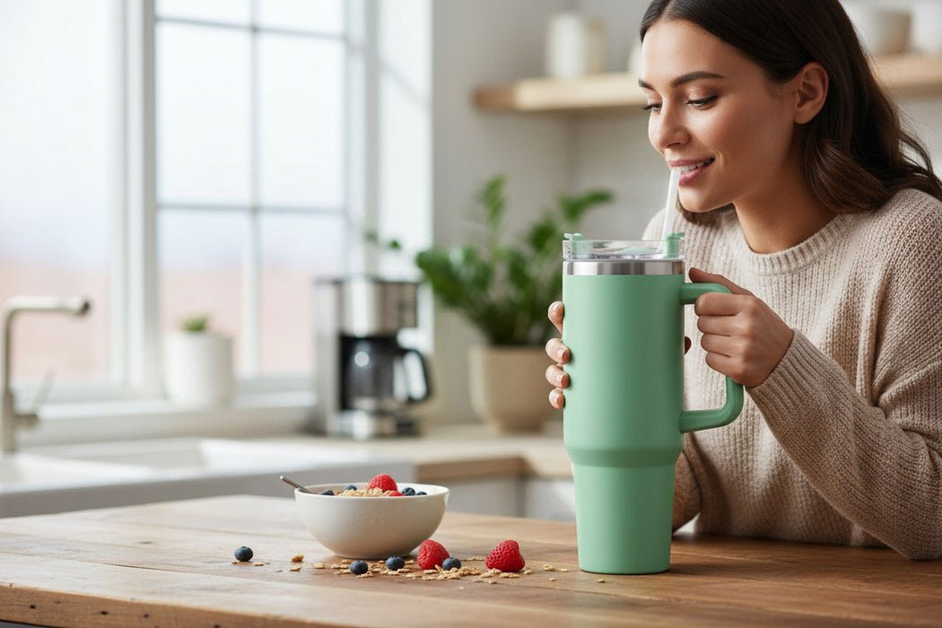 KI-generiertes Bild,XL Edelstahl Trinkbecher Grün 1200ml mit Griff Vakuum Kaffeebecher Coffee to Go