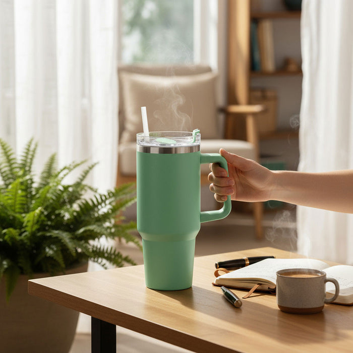 KI-generiertes Bild,XL Edelstahl Trinkbecher Grün 1200ml mit Griff Vakuum Kaffeebecher Coffee to Go