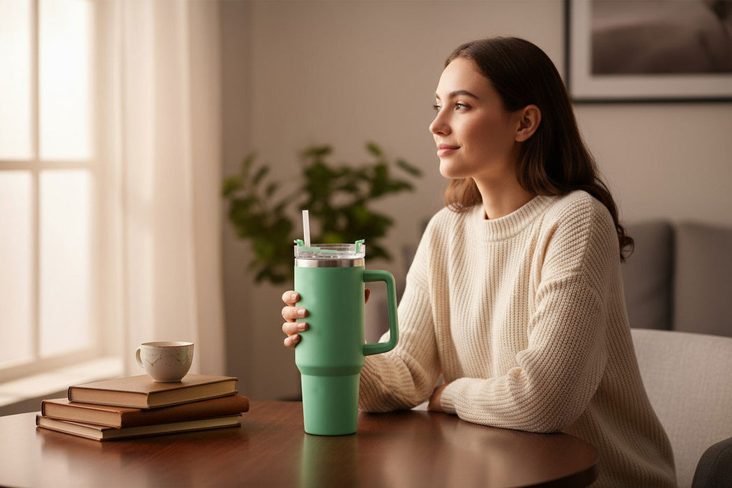 KI-generiertes Bild,XL Edelstahl Trinkbecher Grün 1200ml mit Griff Vakuum Kaffeebecher Coffee to Go