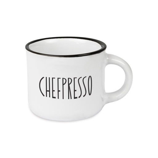 KI-generiertes Bild Vintage Espresso-Tasse 95ml Keramik "Chefpresso" Weiß Emaille-Look mit Spruch