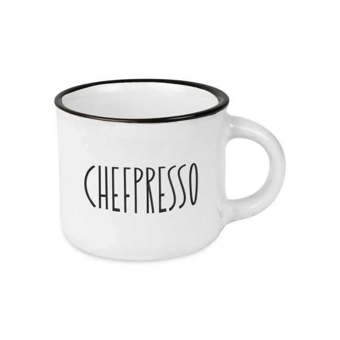 KI-generiertes Bild Vintage Espresso-Tasse 95ml Keramik "Chefpresso" Weiß Emaille-Look mit Spruch