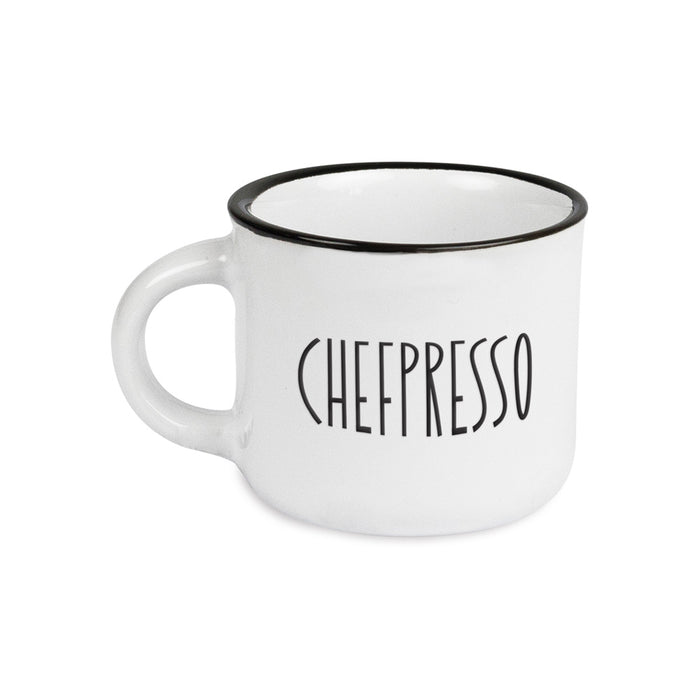 KI-generiertes Bild,Vintage Espresso-Tasse 95ml Keramik "Chefpresso" Weiß Emaille-Look mit Spruch