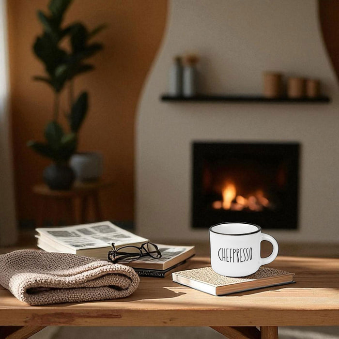 KI-generiertes Bild,Vintage Espresso-Tasse 95ml Keramik "Chefpresso" Weiß Emaille-Look mit Spruch