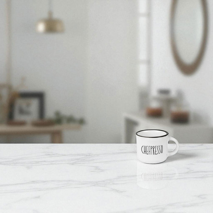 KI-generiertes Bild,Vintage Espresso-Tasse 95ml Keramik "Chefpresso" Weiß Emaille-Look mit Spruch