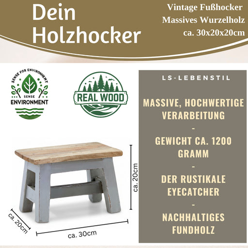 KI-generiertes Bild,Vintage Holz Fußhocker Grau 30cm Tritthocker Schemel Fußbank Bänkchen