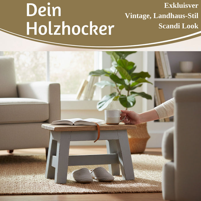KI-generiertes Bild,Vintage Holz Fußhocker Grau 30cm Tritthocker Schemel Fußbank Bänkchen