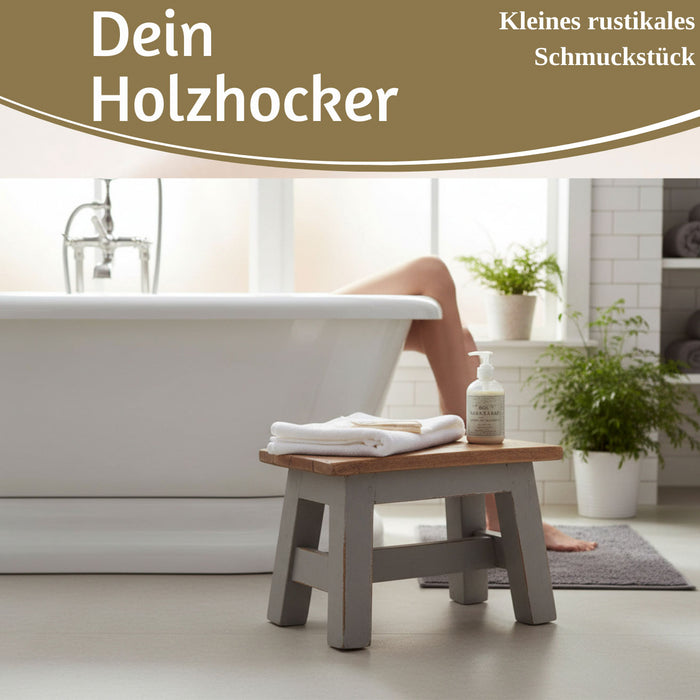 KI-generiertes Bild,Vintage Holz Fußhocker Grau 30cm Tritthocker Schemel Fußbank Bänkchen