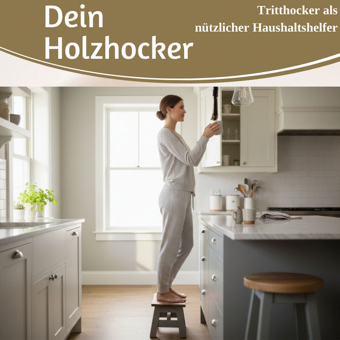 KI-generiertes Bild,Vintage Holz Fußhocker Grau 30cm Tritthocker Schemel Fußbank Bänkchen