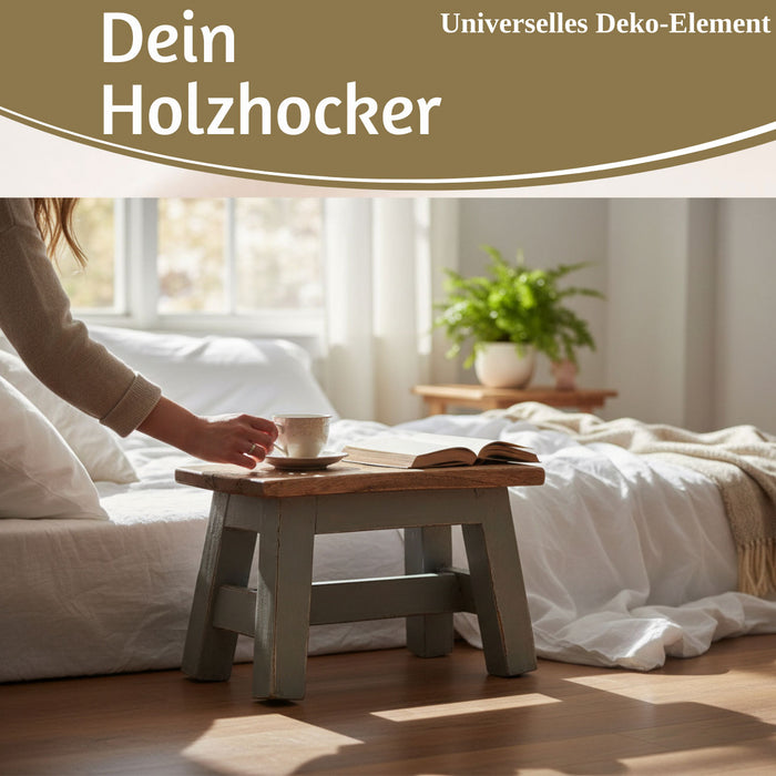 KI-generiertes Bild,Vintage Holz Fußhocker Grau 30cm Tritthocker Schemel Fußbank Bänkchen
