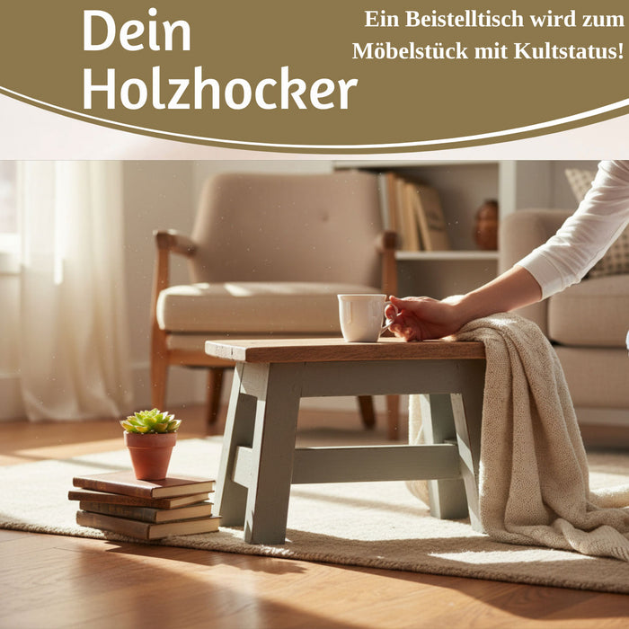 KI-generiertes Bild,Vintage Holz Fußhocker Grau 30cm Tritthocker Schemel Fußbank Bänkchen
