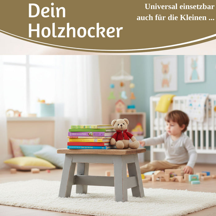 KI-generiertes Bild,Vintage Holz Fußhocker Grau 30cm Tritthocker Schemel Fußbank Bänkchen