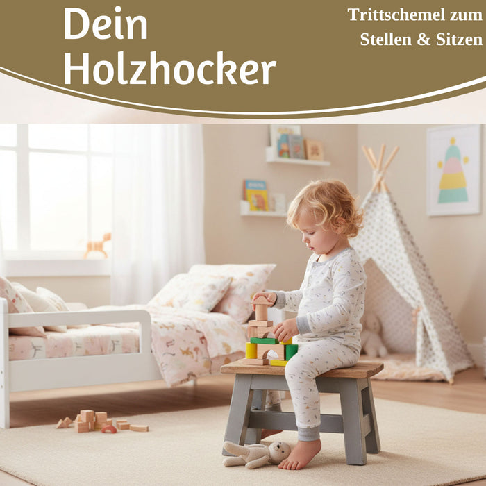 KI-generiertes Bild,Vintage Holz Fußhocker Grau 30cm Tritthocker Schemel Fußbank Bänkchen