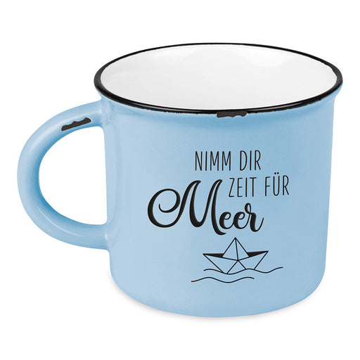 KI-generiertes Bild,Vintage Kaffeebecher 400ml Keramik "Zeit für Meer" Blau Emaille-Look Kaffeetasse