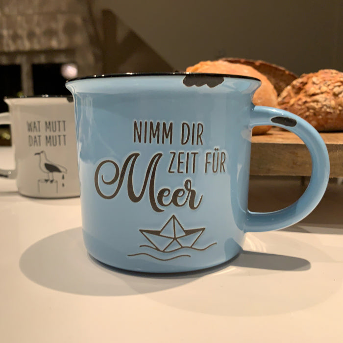 KI-generiertes Bild,Vintage Kaffeebecher 400ml Keramik "Zeit für Meer" Blau Emaille-Look Kaffeetasse