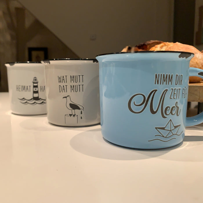 KI-generiertes Bild,Vintage Kaffeebecher 400ml Keramik "Zeit für Meer" Blau Emaille-Look Kaffeetasse