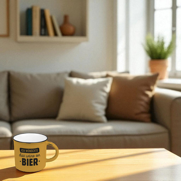KI-generiertes Bild,Vintage Kaffeebecher 400ml Keramik "wünschte ein Bier" Blau Emaille-Look Kaffeetasse