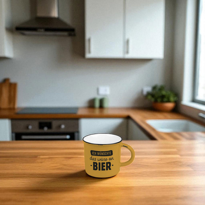KI-generiertes Bild,Vintage Kaffeebecher 400ml Keramik "wünschte ein Bier" Blau Emaille-Look Kaffeetasse