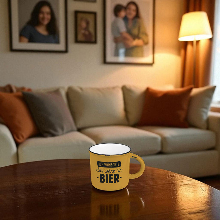 KI-generiertes Bild,Vintage Kaffeebecher 400ml Keramik "wünschte ein Bier" Blau Emaille-Look Kaffeetasse