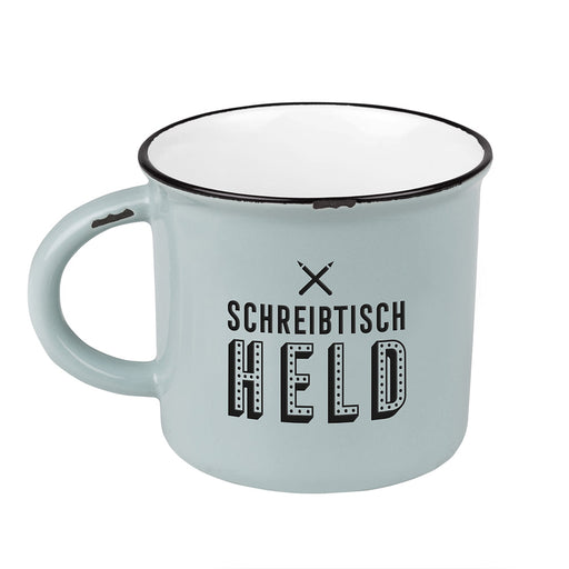 KI-generiertes Bild,Vintage Kaffeebecher 400ml Keramik "Schreitischheld" Emaille-Look Kaffeetasse
