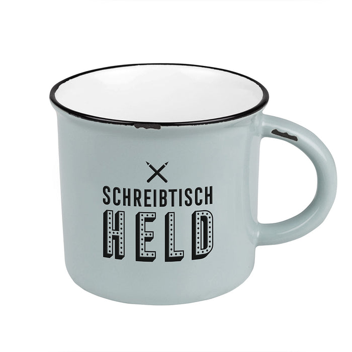 KI-generiertes Bild Vintage Kaffeebecher 400ml Keramik "Schreitischheld" Emaille-Look Kaffeetasse