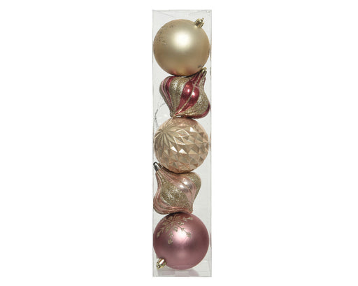 KI-generiertes Bild,5 Vintage Christbaumkugeln 8cm Kunststoff Rosa Pink Gold Weihnachtskugeln