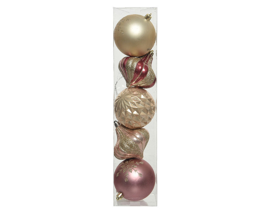 KI-generiertes Bild,5 Vintage Christbaumkugeln 8cm Kunststoff Rosa Pink Gold Weihnachtskugeln