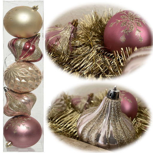 KI-generiertes Bild 5 Vintage Christbaumkugeln 8cm Kunststoff Rosa Pink Gold Weihnachtskugeln