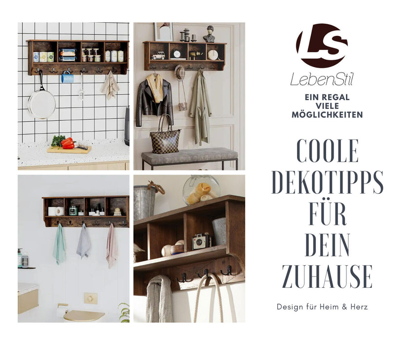 KI-generiertes Bild,Exkluisve XL Vintage Holz Wandgarderobe 70cm mit Ablage 4-fach Regal Doppelhaken