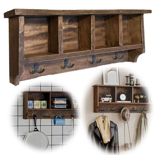 KI-generiertes Bild Exkluisve XL Vintage Holz Wandgarderobe 70cm mit Ablage 4-fach Regal Doppelhaken