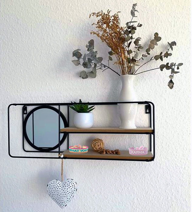 KI-generiertes Bild,Wandregal mit Spiegel 50x19x10cm Metall Holz Schwarz 2 Ablagen Wandboard