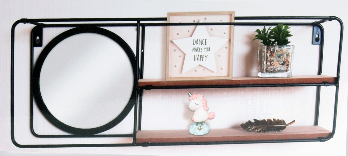 KI-generiertes Bild,Wandregal mit Spiegel 50x19x10cm Metall Holz Schwarz 2 Ablagen Wandboard