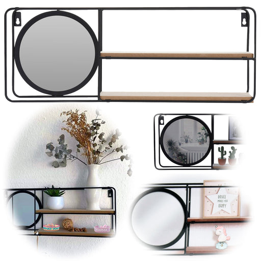 KI-generiertes Bild Wandregal mit Spiegel 50x19x10cm Metall Holz Schwarz 2 Ablagen Wandboard