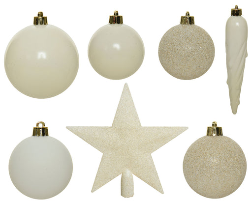 KI-generiertes Bild,33 Christbaumkugeln Kunststoff Woll-Weiß Spitze Stern Weihnachtskugeln