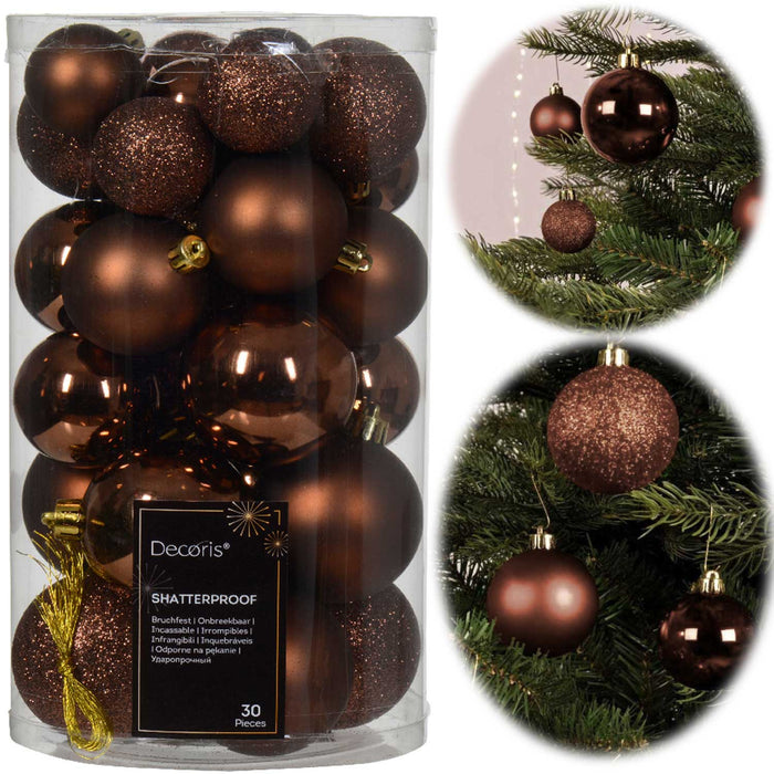 KI-generiertes Bild 30 Kunststoff Weihnachtskugeln Braun Espresso 4cm-6cm Baumkugel Dekokugel