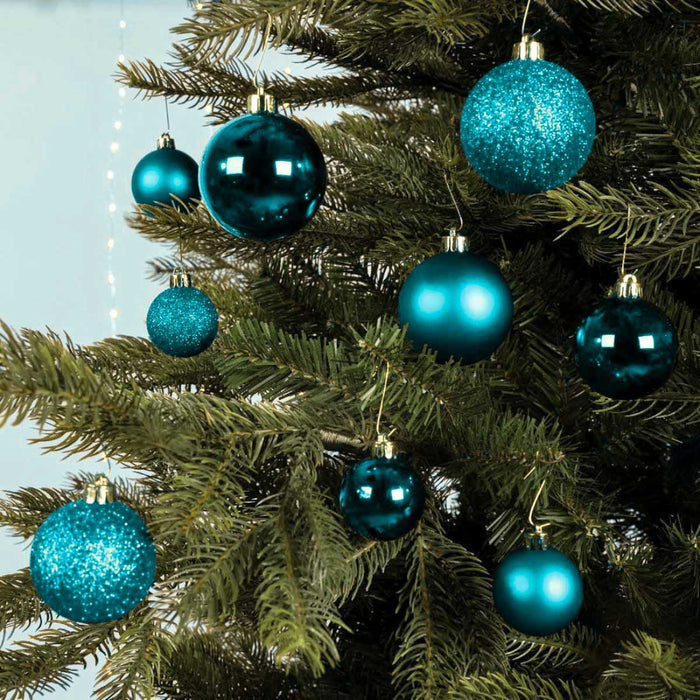 KI-generiertes Bild,30 Kunststoff Weihnachtskugeln Folk Blau Türkis 4cm-6cm Baumkugel Dekokugel