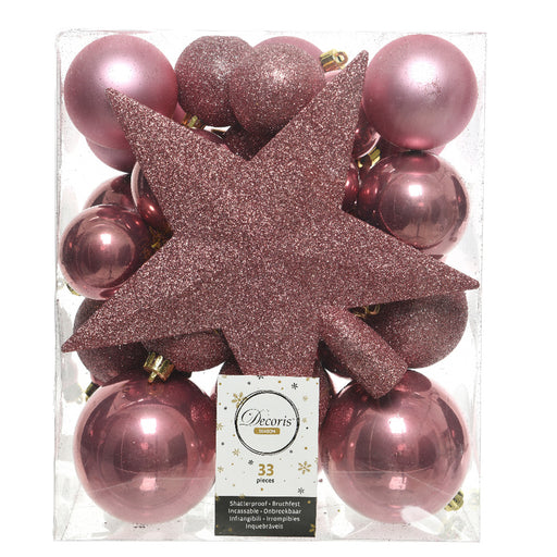 KI-generiertes Bild 33 Christbaumkugeln Kunststoff Pink Spitze Stern Weihnachtskugeln