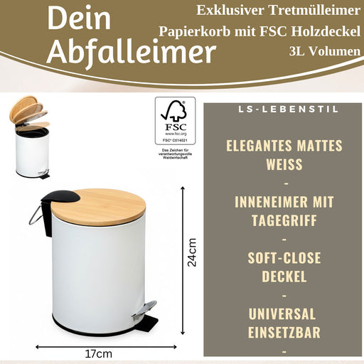 KI-generiertes Bild,Tretmülleimer Papierkorb 3L Weiß Soft Close Rund Kosmetikeimer Fußpedal Mülleimer