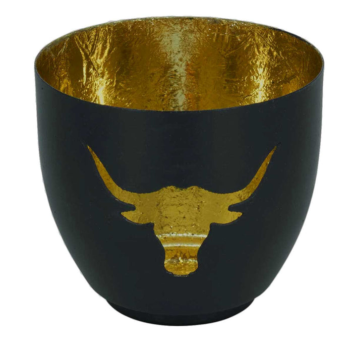 KI-generiertes Bild,XL Metall Teelichthalter Büffel 9cm Schwarz Gold Votiv Kerzenhalter Windlicht