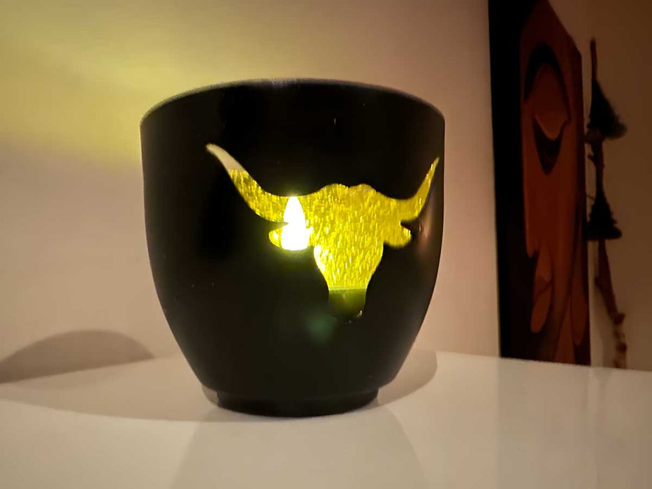 KI-generiertes Bild,XL Metall Teelichthalter Büffel 9cm Schwarz Gold Votiv Kerzenhalter Windlicht