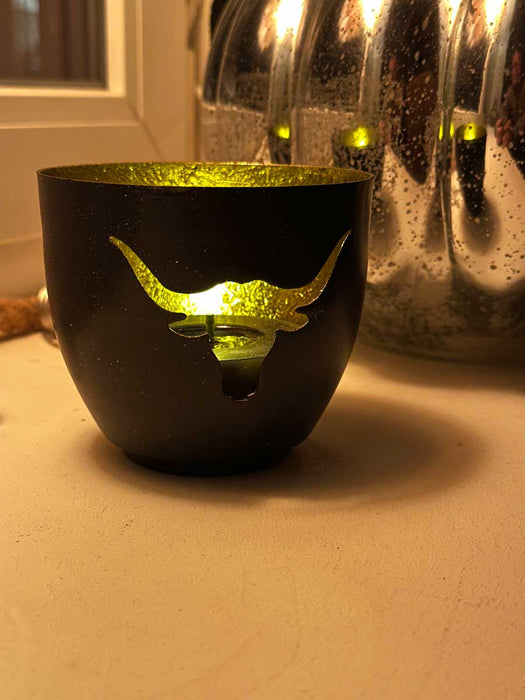 KI-generiertes Bild,XL Metall Teelichthalter Büffel 9cm Schwarz Gold Votiv Kerzenhalter Windlicht