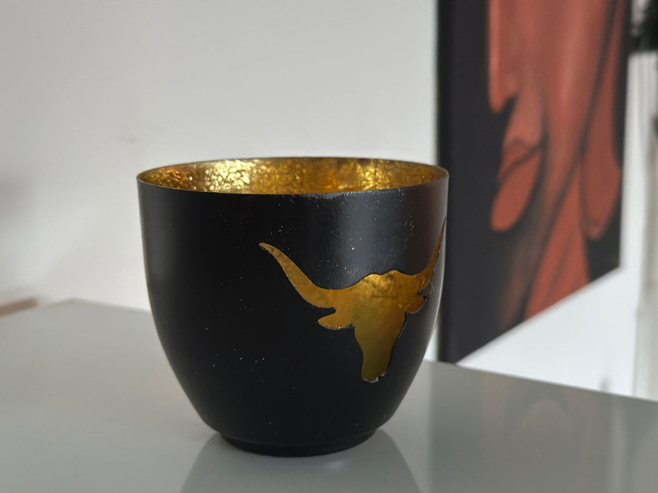 KI-generiertes Bild,XL Metall Teelichthalter Büffel 9cm Schwarz Gold Votiv Kerzenhalter Windlicht
