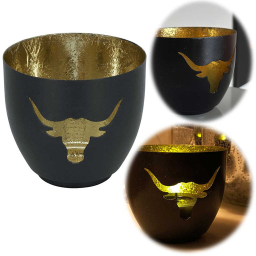KI-generiertes Bild XL Metall Teelichthalter Büffel 9cm Schwarz Gold Votiv Kerzenhalter Windlicht