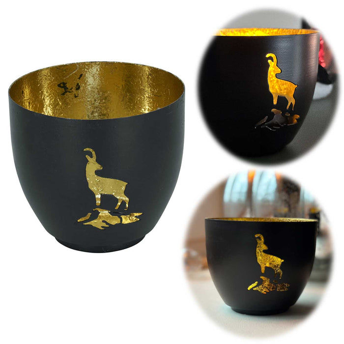 KI-generiertes Bild XL Metall Teelichthalter Steinbock 9cm Schwarz Gold Votiv Kerzenhalter Windlicht