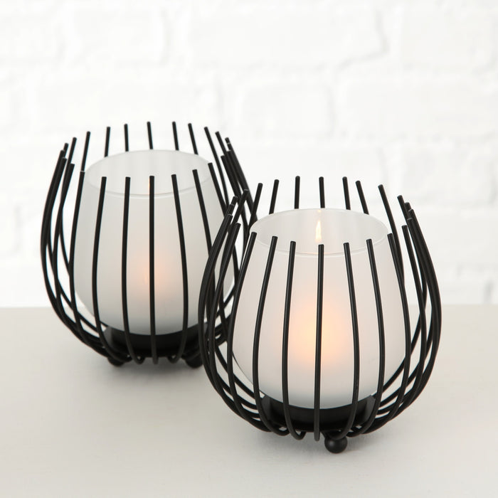 KI-generiertes Bild,2x Eisen Windlicht Gläser Schwarz Set Milch-Glas Teelichthalter Teelichtglas