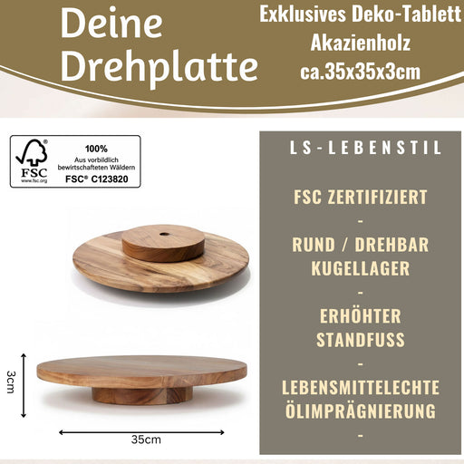 KI-generiertes Bild,Premium Holz Servierplatte 37cm Akazie Drehteller drehbar Drehtablett Drehplatte